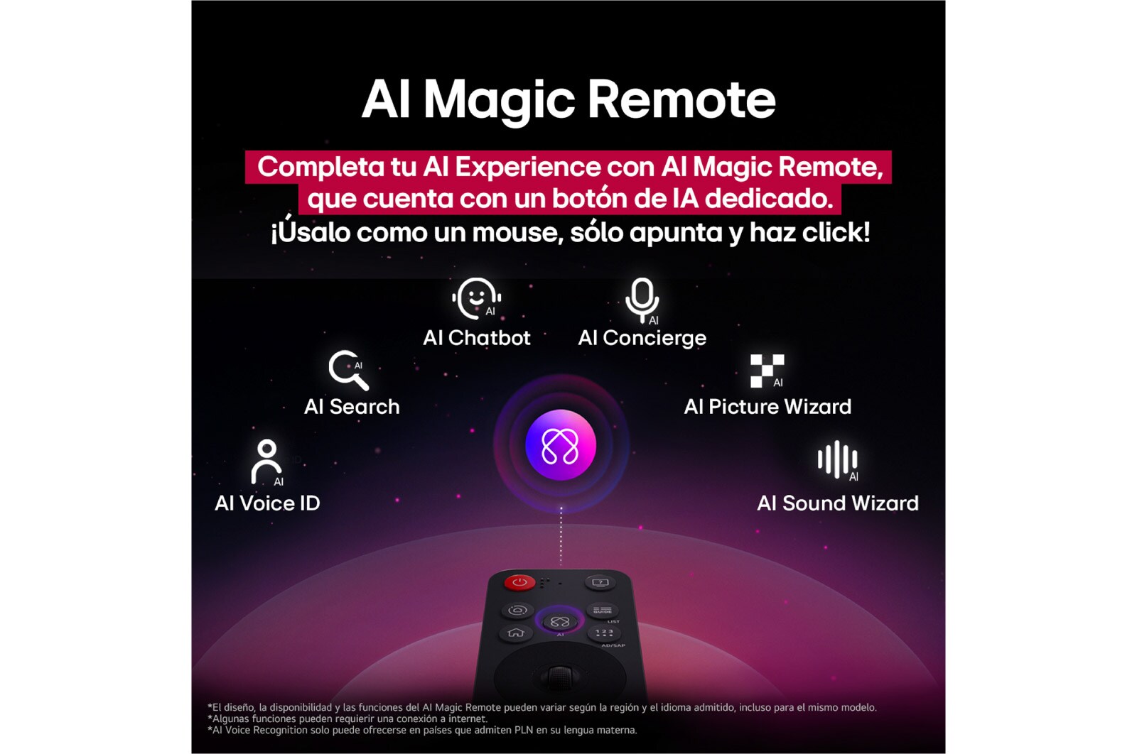 Pantalla de LG TV con un AI Magic Remote de fondo. 
