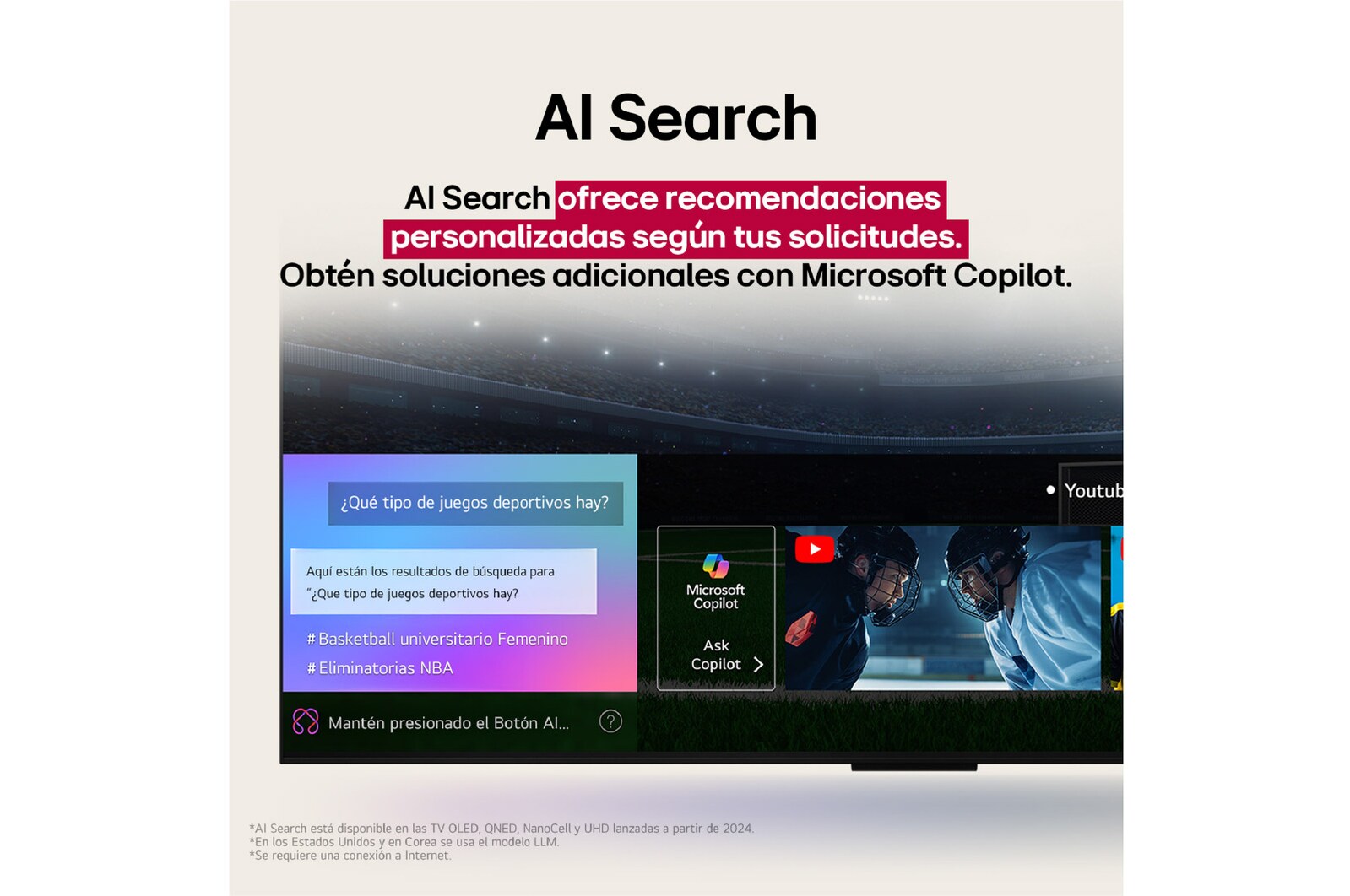 Primer plano de la pantalla de una LG OLED TV en la que se muestra cómo funciona AI Search. 