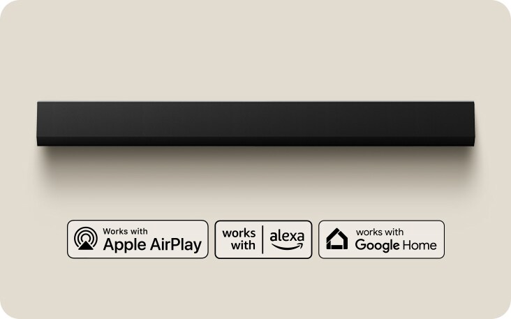 An overhead perspective of an LG Soundbar. Apple AirPlay logo Amazon Alexa logo Google Home logo