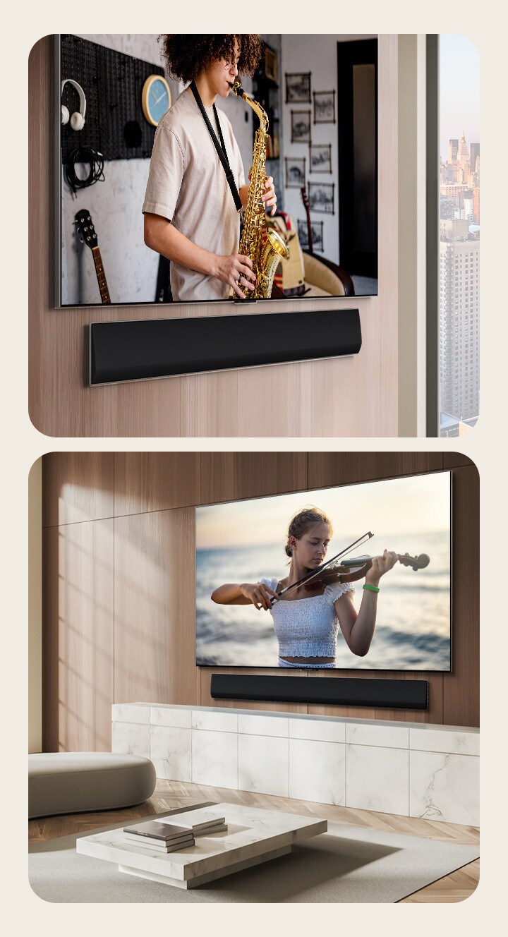 Una perspectiva en ángulo de una barra de sonido LG y un televisor LG montados contra la pared, mostrando una interpretación de trompeta en la pantalla.  Barra de sonido LG y televisor LG en la pared de madera de un apartamento, que muestra a una mujer tocando el violín en el mar.