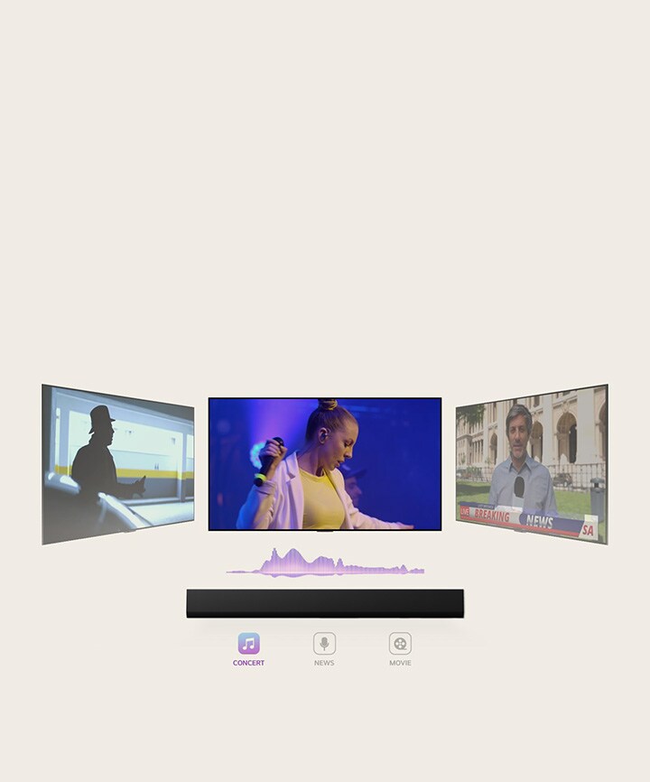Una LG Soundbar con tres pantallas de TV diferentes arriba. El que está directamente arriba muestra un concierto de música con una mujer cantando. El TV del lado derecho muestra a un locutor de noticias filmando una transmisión de noticias de última hora afuera de un edificio ornamentado. El TV del lado izquierdo muestra una imagen fija de una película de acción con un hombre en la sombra. Entre el TV y la barra de sonido, hay un diagrama violeta de una onda de sonido.
