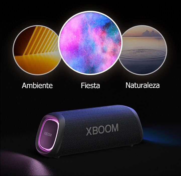 LG XBOOM Go XG5 con iluminación violeta se coloca en el suelo. En la parte superior del altavoz, muestra tres modos de Light Studio; ambiente, naturaleza y fiesta.