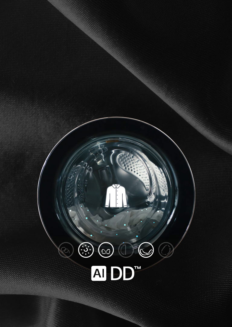 La puerta muestra una camisa flotando en agua con iconos. Indican ciclo de lavado, detalles, otros íconos y logotipo.