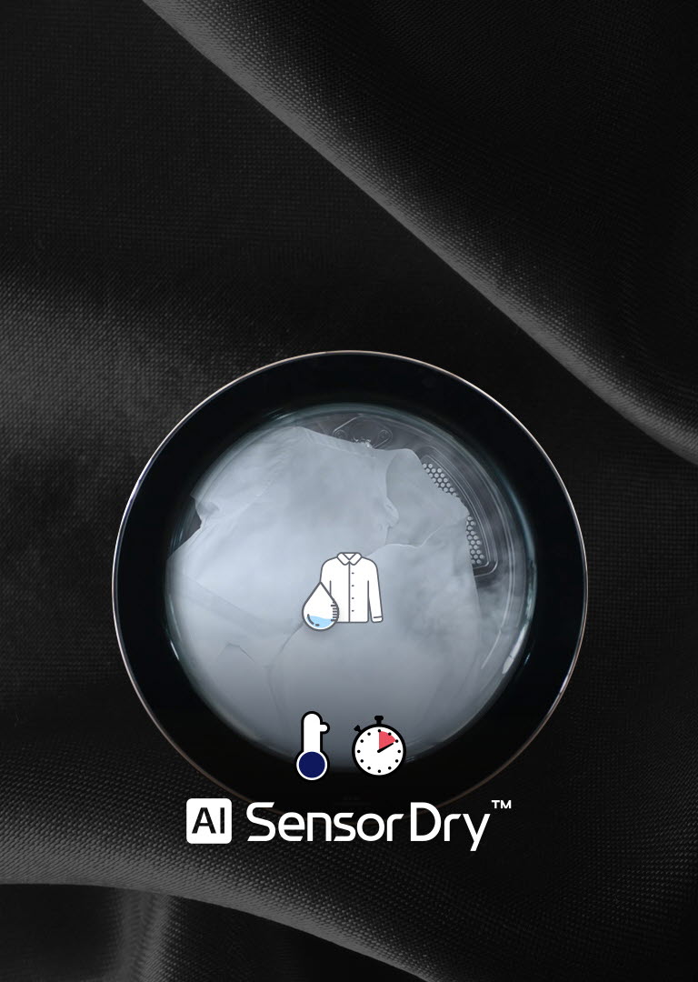 La puerta muestra una camisa flotando en agua con iconos. Indican ciclo de lavado, detalles, otros íconos y logotipo.