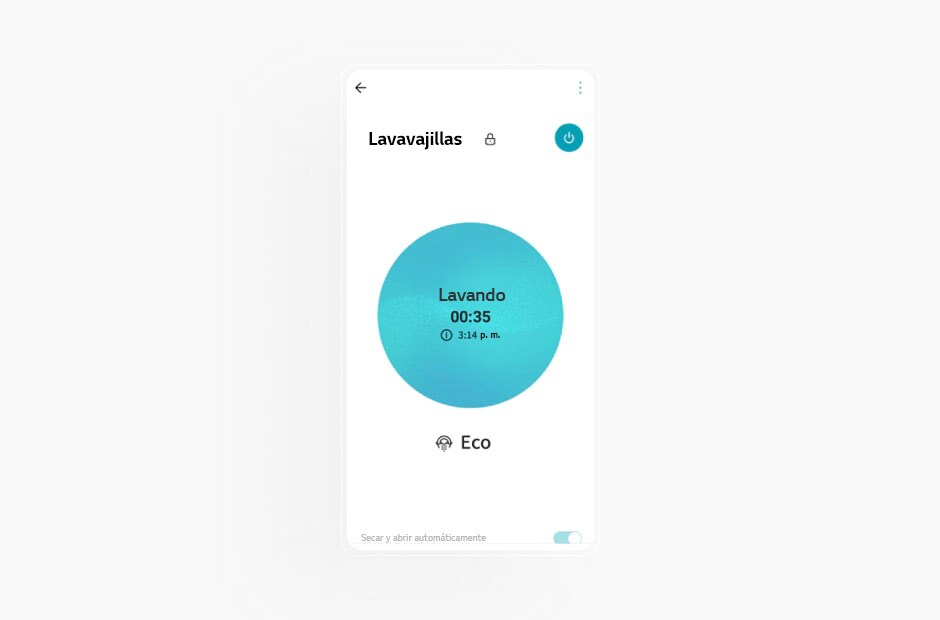 La imagen muestra la pantalla de un lavavajillas en la aplicación LG ThinQ