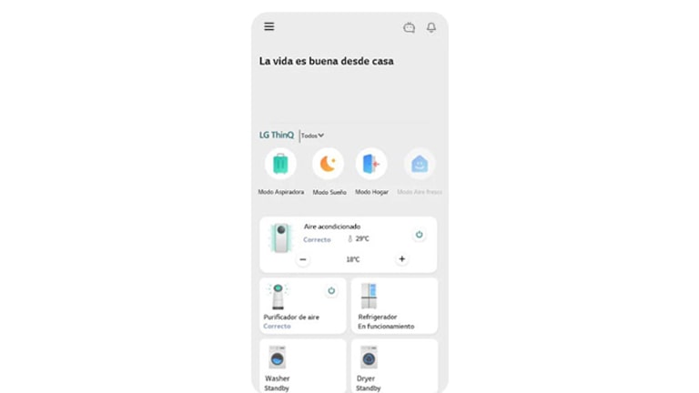 La imagen muestra la pantalla de la aplicación LG ThinQ