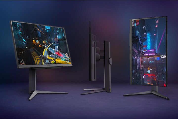 Three monitor images demonstrating tilt, pivot, and height adjustments.	