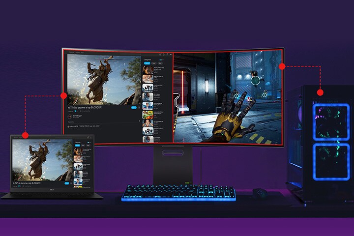 La pantalla dividida tanto de computadora portátil como de PC.