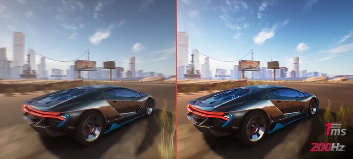 Muestra dos animaciones comparadas, un coche corriendo en el juego. Las dos imágenes parecen iguales, pero la primera que no aplica una frecuencia de actualización de 200 Hz es menos clara que la otra.