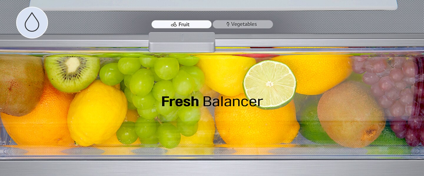 Detalle del Fresh Balancer con frutas, configurado para la humedad óptima para frutas	