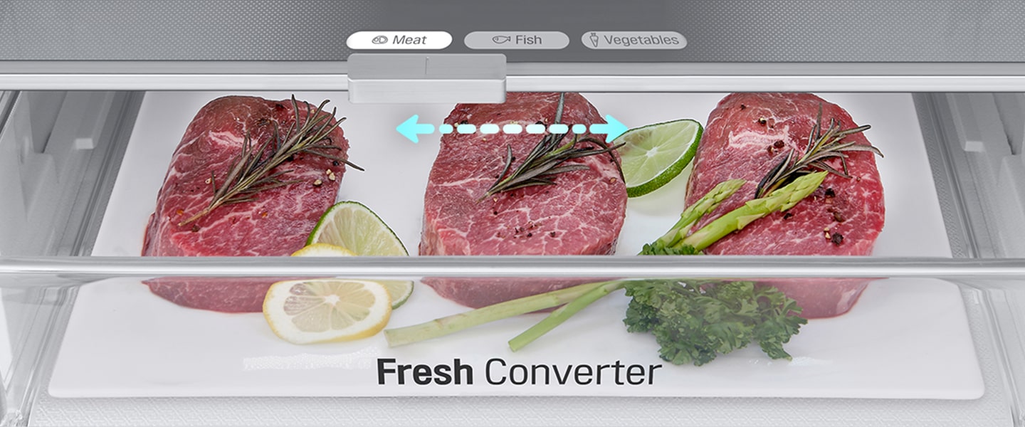 Detalle del Fresh Converter con carne, configurado para la temperatura óptima para carnes, pescado y verduras.	