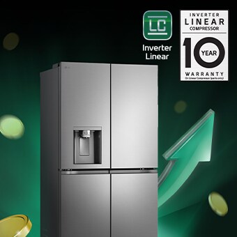 Refrigeradora frente a flechas ascendentes y monedas amontonadas