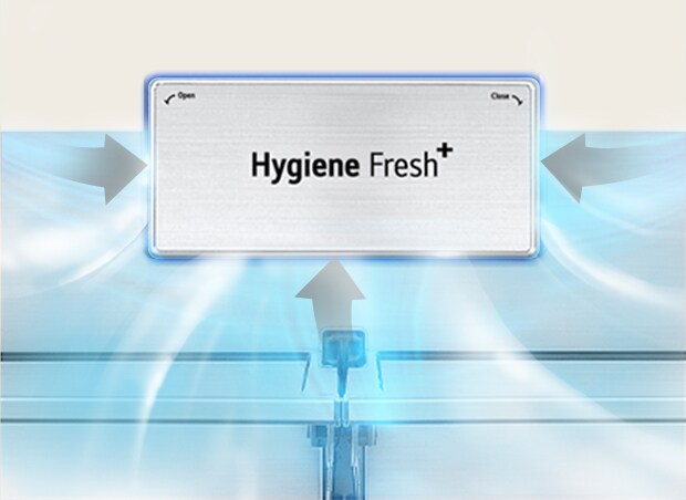 Tecnología Hygiene Fresh+ de LG, mostrando flujo de aire purificado en un refrigerador.