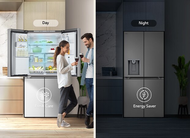 Refrigerador LG, función Fresh Care de día y Energy Saver de noche, personas conversando al lado.