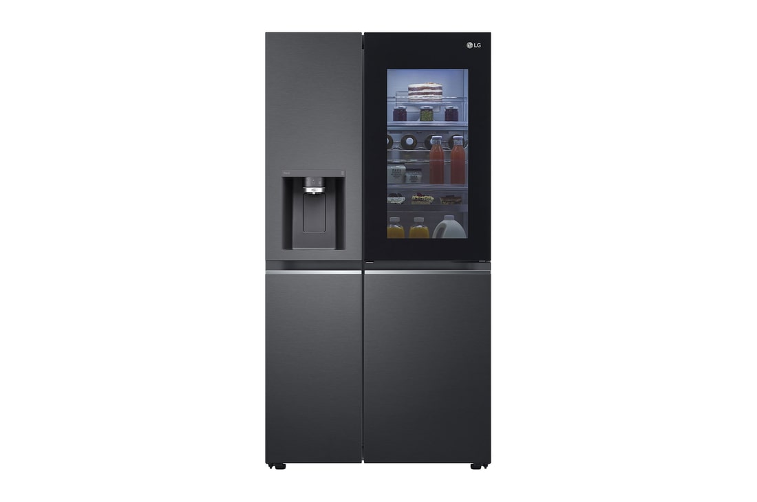 Vista frontal de Refrigeradora Side by Side 617L con InstaView™, negro mate, GS66SXT