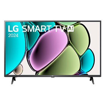 Vista frontal de LG FHD TV, LR60 con texto de LG SMART TV AI y 2024 en pantalla con soporte de 2 polos