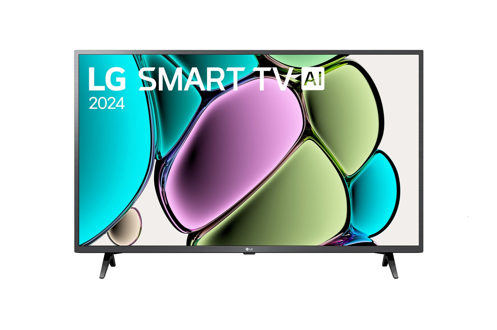 Vista frontal de LG FHD TV, LR60 con texto de LG SMART TV AI y 2024 en pantalla con soporte de 2 polos