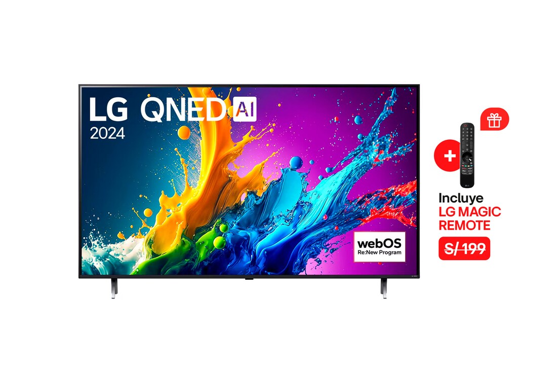 Front view of LG QNED TV, QNED80 with text of LG QNED AI, 2024, and webOS Re:New Program logo on screen