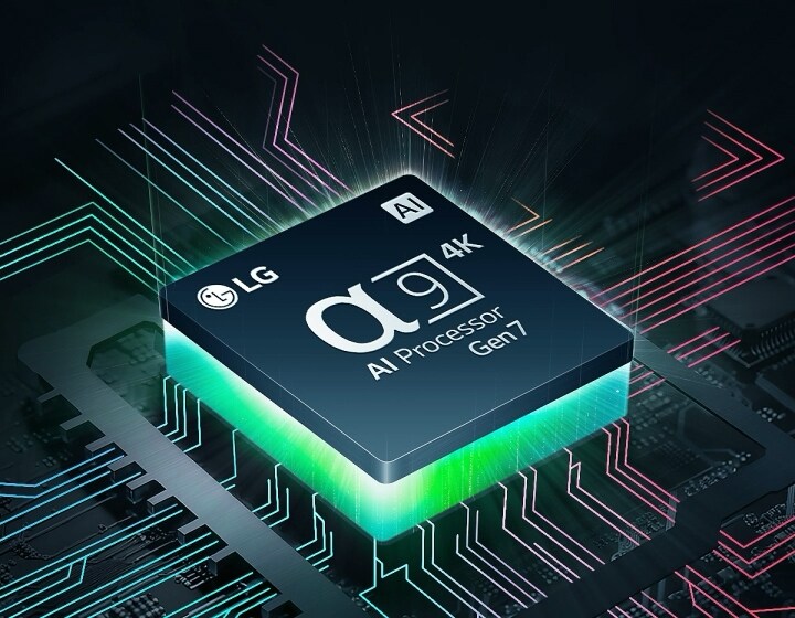 Alpha 9 AI Processor Gen7 de LG, apenas visible en la oscuridad. El procesador de IA se ilumina en verde y de él salen rayos de luz de colores. Aparecen más rayos en la placa base, que se extienden aún más, y aparecen puntos blancos como estrellas, creando la impresión de una escena intergaláctica.