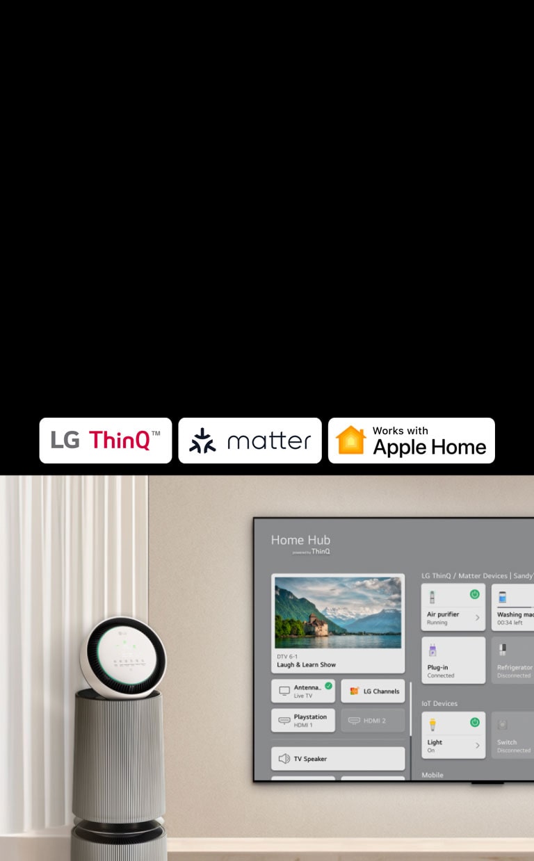 Un logotipo de LG ThinQ™ y Apple Home. Un TV LG montado en una pared y un LG PuriCare™ Objet Collection 360° a la izquierda. El televisor muestra Home Hub y un cursor hace clic en "Purificador de aire" y se activa LG PuriCare™ Objet Collection 360°.