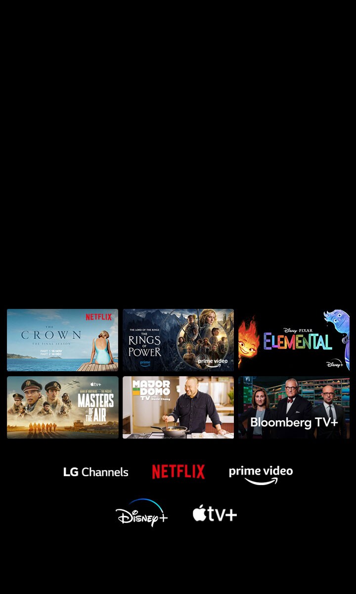 Aparecen seis miniaturas de películas y programas de televisión y, debajo, los logotipos de LG Channels, Netflix, Prime Video, Disney+ y Apple TV+.