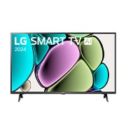 Vista frontal de LG FHD TV, LR60 con texto de LG SMART TV AI y 2024 en pantalla con soporte de 2 polos