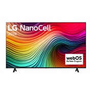 Vista frontal de LG NanoCell TV, NANO80 con texto de LG NanoCell, 2024 y logotipo de webOS Re:Nuevo Programa en pantalla