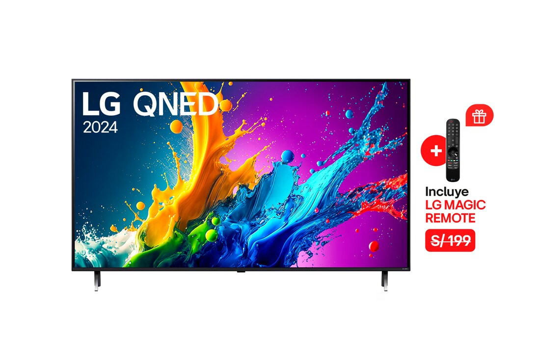 Vista frontal de LG QNED TV, QNED80 con texto de LG QNED, 2024 y logotipo de webOS Re:Nuevo Programa en pantalla