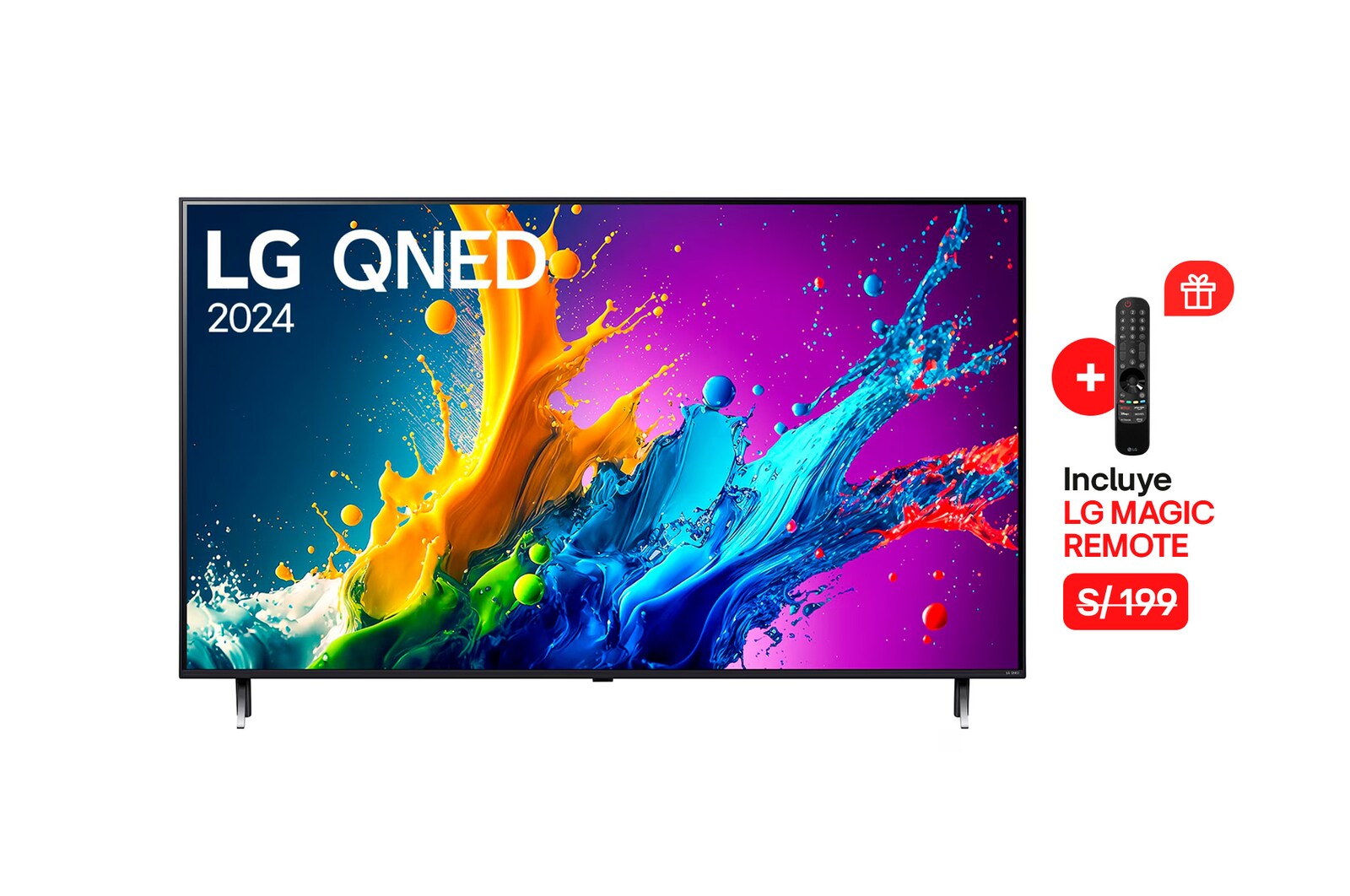 Vista frontal de LG QNED TV, QNED80 con texto de LG QNED, 2024 y logotipo de webOS Re:Nuevo Programa en pantalla