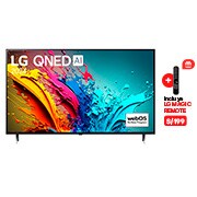 Vista frontal de LG QNED TV, QNED85 con texto de LG QNED, 2024 y logotipo de webOS Re:New Program en pantalla