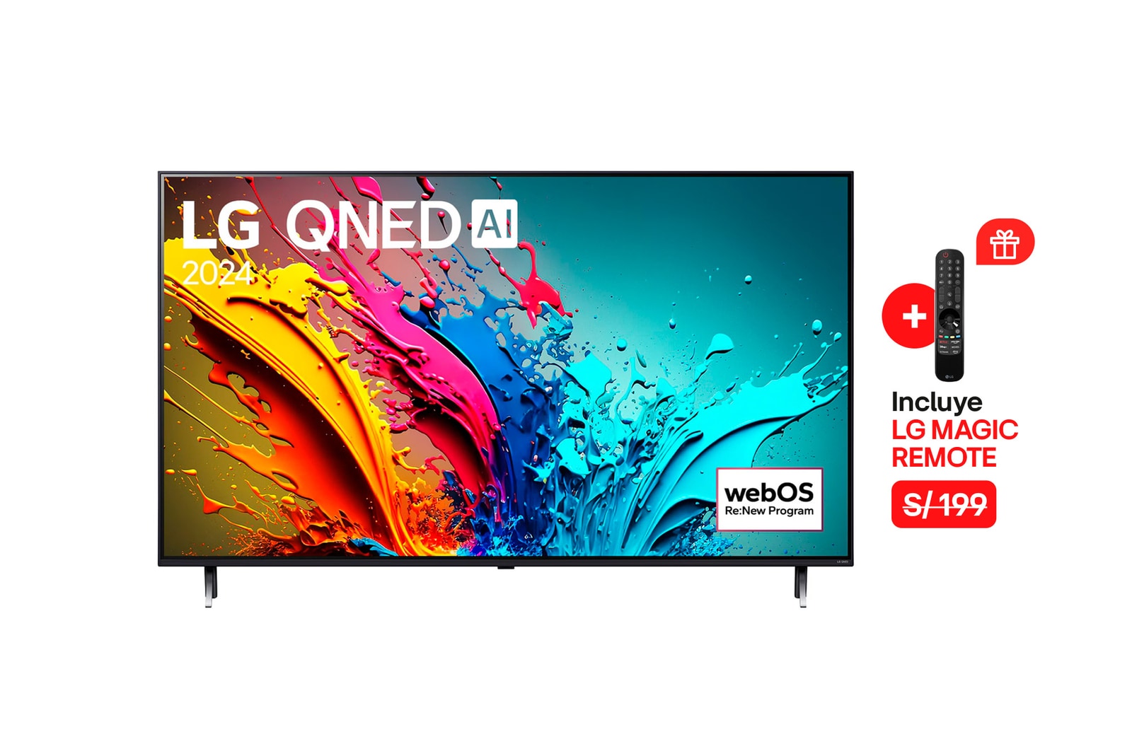 Vista frontal de LG QNED TV, QNED85 con texto de LG QNED, 2024 y logotipo de webOS Re:New Program en pantalla