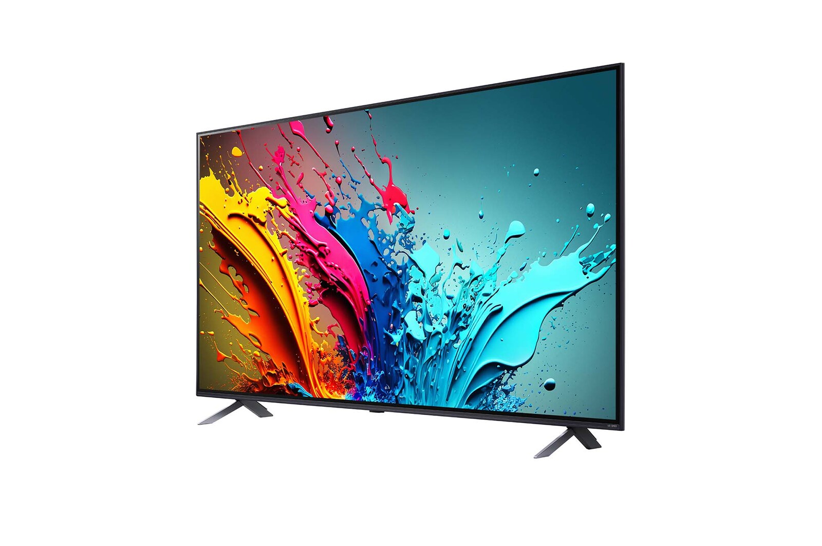 Vista lateral ligeramente inclinada hacia la izquierda del LG QNED TV, QNED85
