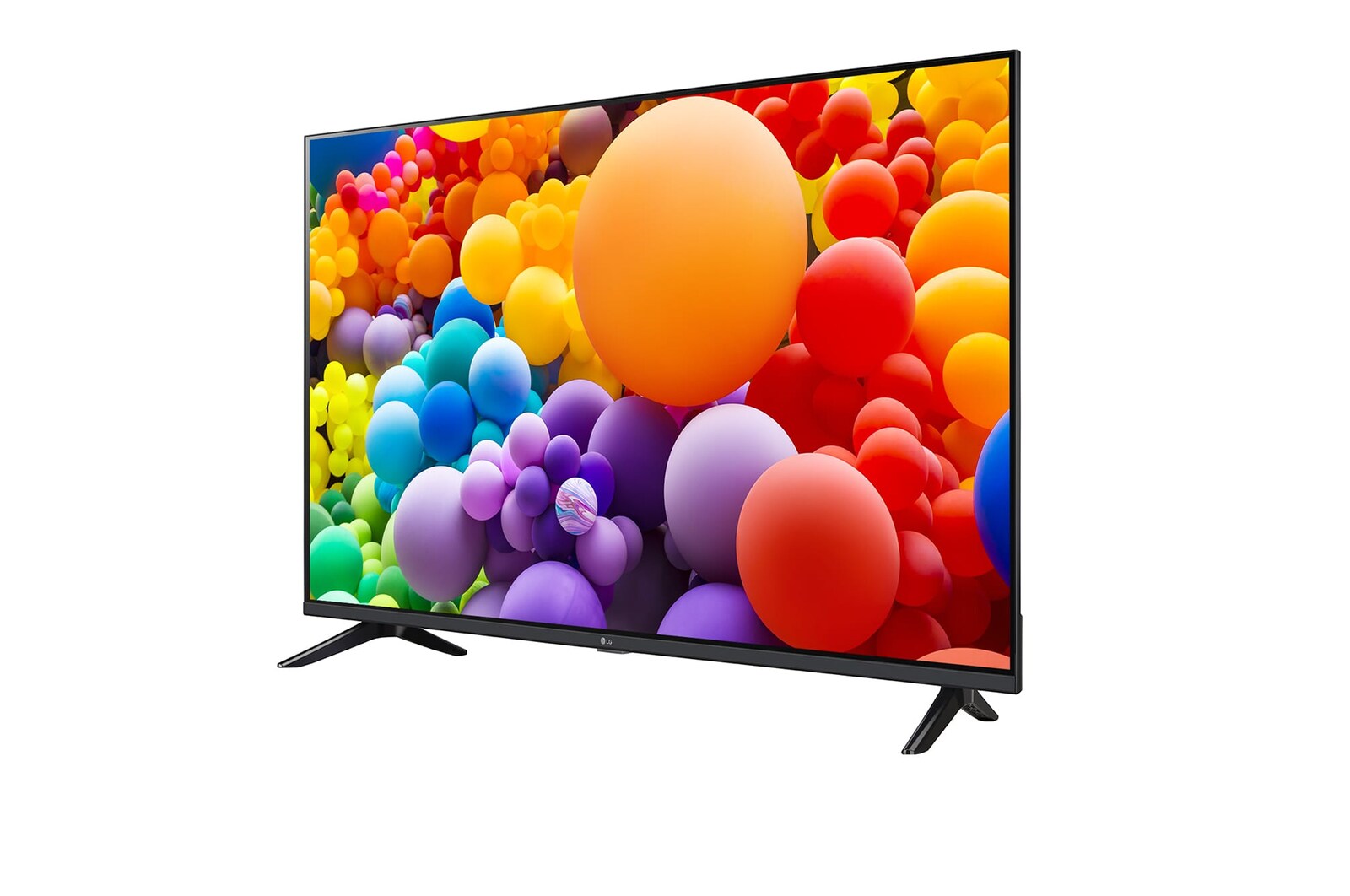 Vista lateral ligeramente inclinada hacia la izquierda del LG UHD TV, UT73