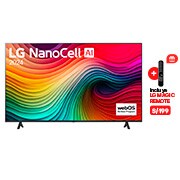 Vista frontal de LG NanoCell TV, NANO80 con texto de LG NanoCell, 2024 y logotipo de webOS Re:Nuevo Programa en pantalla