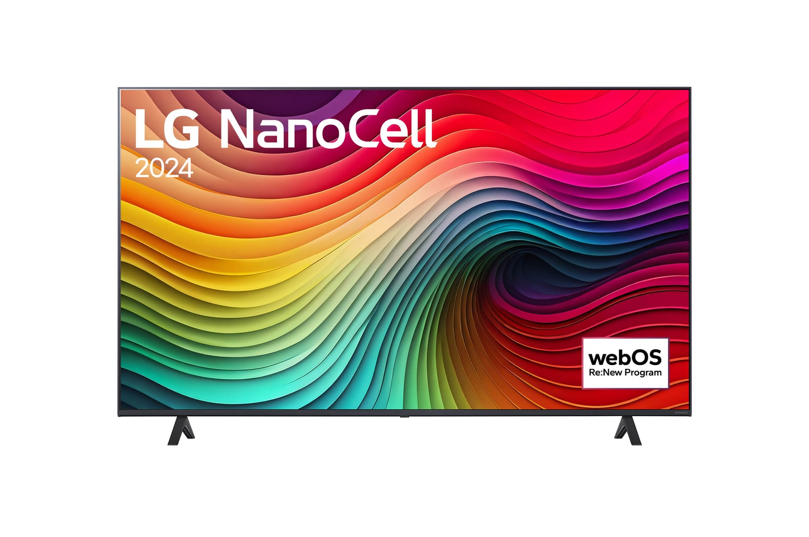 Vista frontal de LG NanoCell TV, NANO80 con texto de LG NanoCell, 2024 y logotipo de webOS Re:Nuevo Programa en pantalla