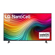 Vista frontal de LG NanoCell TV, NANO80 con texto de LG NanoCell, 2024 y logotipo de webOS Re:Nuevo Programa en pantalla