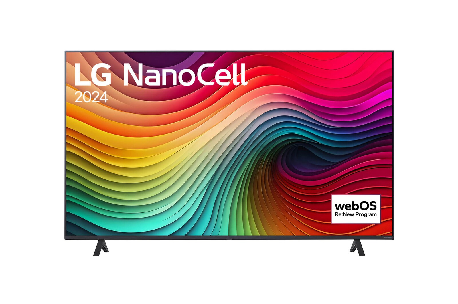 Vista frontal de LG NanoCell TV, NANO80 con texto de LG NanoCell, 2024 y logotipo de webOS Re:Nuevo Programa en pantalla