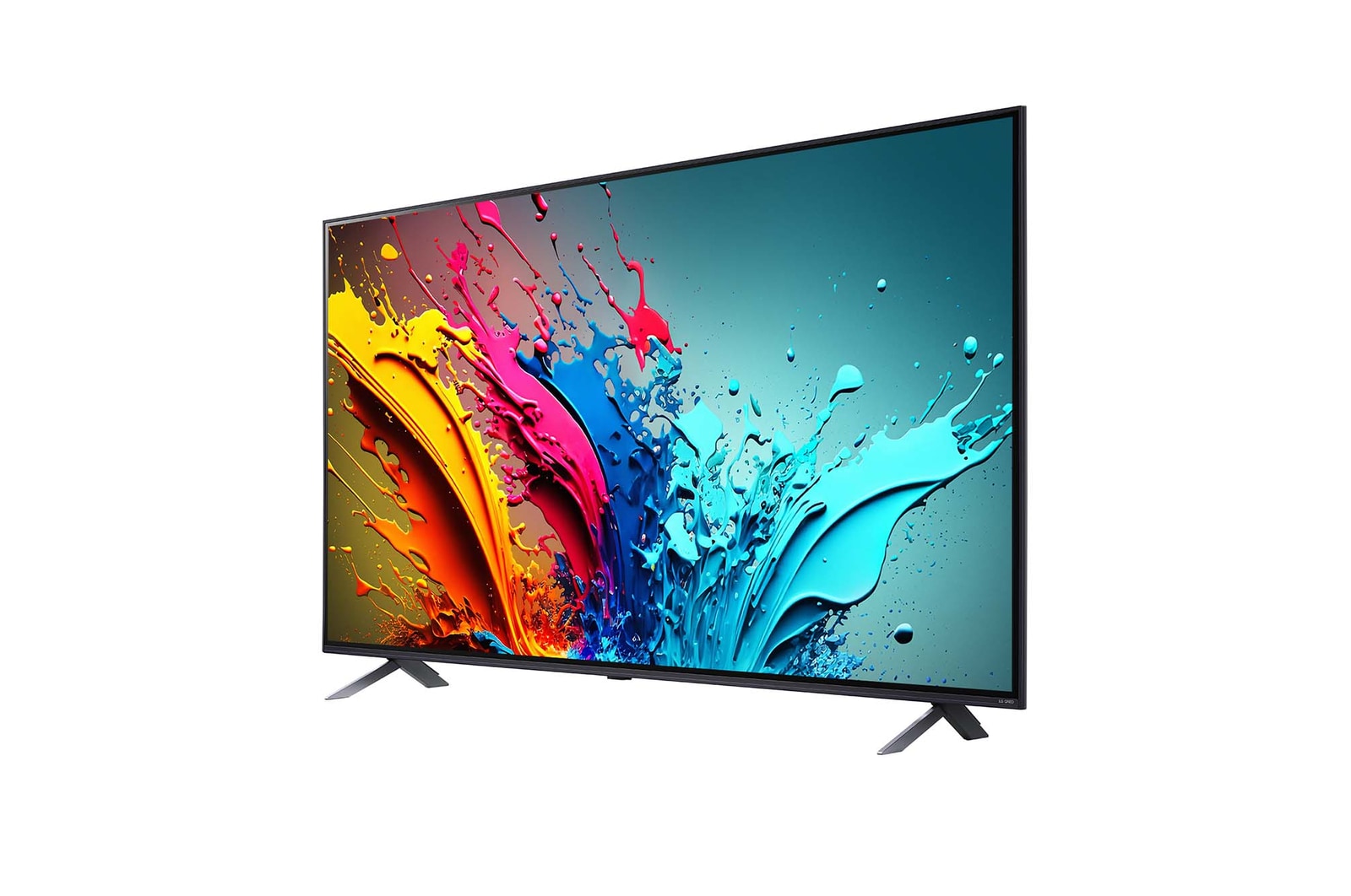 Vista lateral ligeramente inclinada hacia la izquierda del LG QNED TV, QNED85