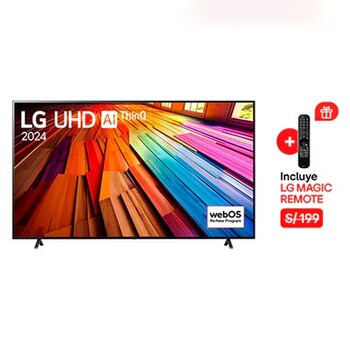 Vista frontal del televisor LG UHD, UT80 con el texto de LG UHD AI ThinQ, 2024, y el logotipo de webOS Re: Nuevo Programa en pantalla.