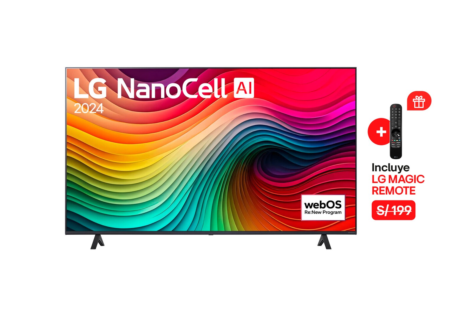 Vista frontal de LG NanoCell TV, NANO80 con texto de LG NanoCell, 2024 y logotipo de webOS Re:Nuevo Programa en pantalla