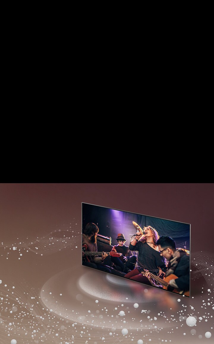 LG TV con burbujas de sonido y ondas que salen de la pantalla y llenan el espacio.