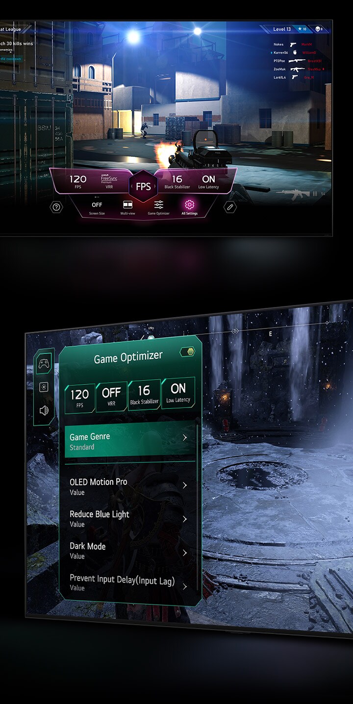 Una escena de juego de FPS con el panel de control del juego apareciendo sobre la pantalla durante la partida. Una escena oscura e invernal con el menú Game Optimizer apareciendo sobre el juego. 