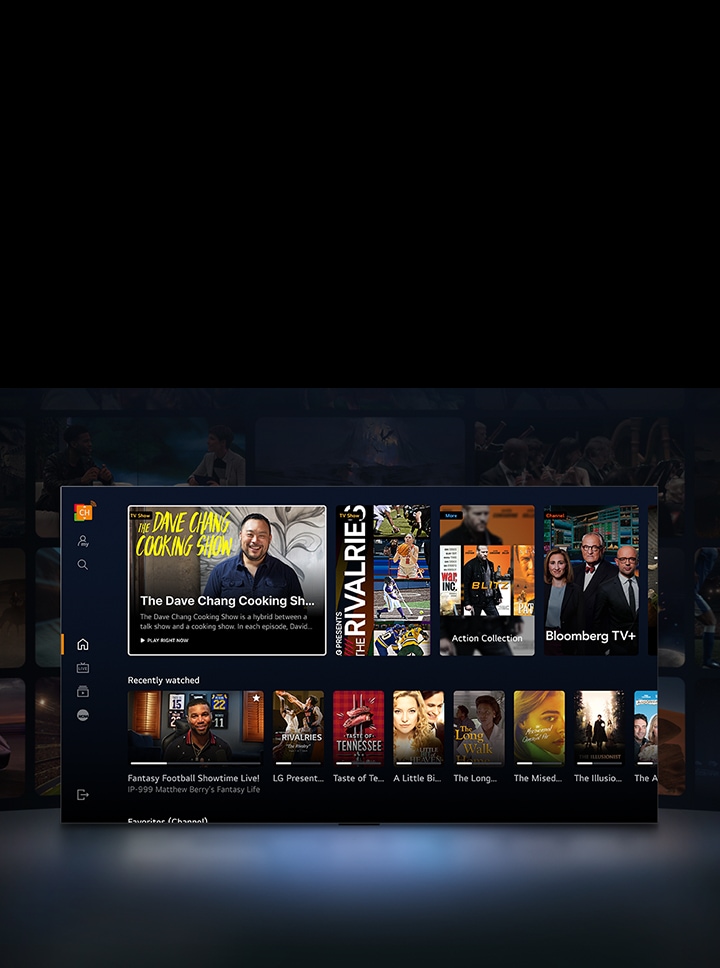 Primer plano de una LG TV en la que se muestra una variedad de miniaturas de películas y series de TV. El texto “Colección de acción”, “Bloomber TV+” y “Vistos recientemente” aparece en la imagen. El espacio frente a la TV se ilumina tenuemente como si fuera por la luz de la TV. Detrás de la TV, en la oscuridad, hay más miniaturas de películas y series de TV.