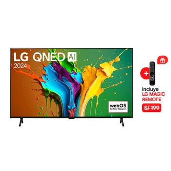 Front view of LG QNED TV, QNED89 with text of LG QNED, 2024, and webOS Re:New Program logo on screen