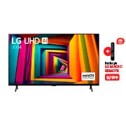 Vista frontal del TV LG UHD, UT90 con el texto de LG UHD AI ThinQ, 2024, y el logotipo de webOS Re:Nuevo Programa en pantalla.