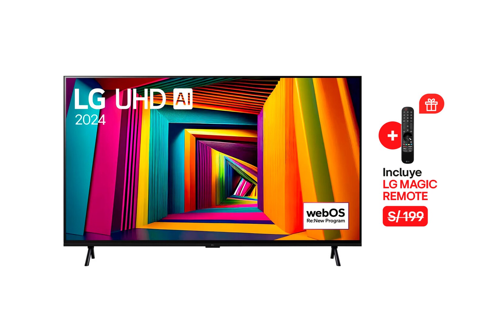Vista frontal del TV LG UHD, UT90 con el texto de LG UHD AI ThinQ, 2024, y el logotipo de webOS Re:Nuevo Programa en pantalla.