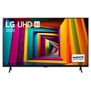 Vista frontal del TV LG UHD, UT90 con el texto de LG UHD AI ThinQ, 2024, y el logotipo de webOS Re:Nuevo Programa en pantalla.