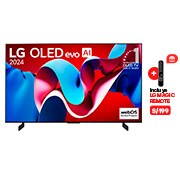 Vista frontal con LG OLED evo AI TV, OLED C4, 11 años del OLED Emblem número 1 del mundo y logotipo de webOS Re:New Program en pantalla