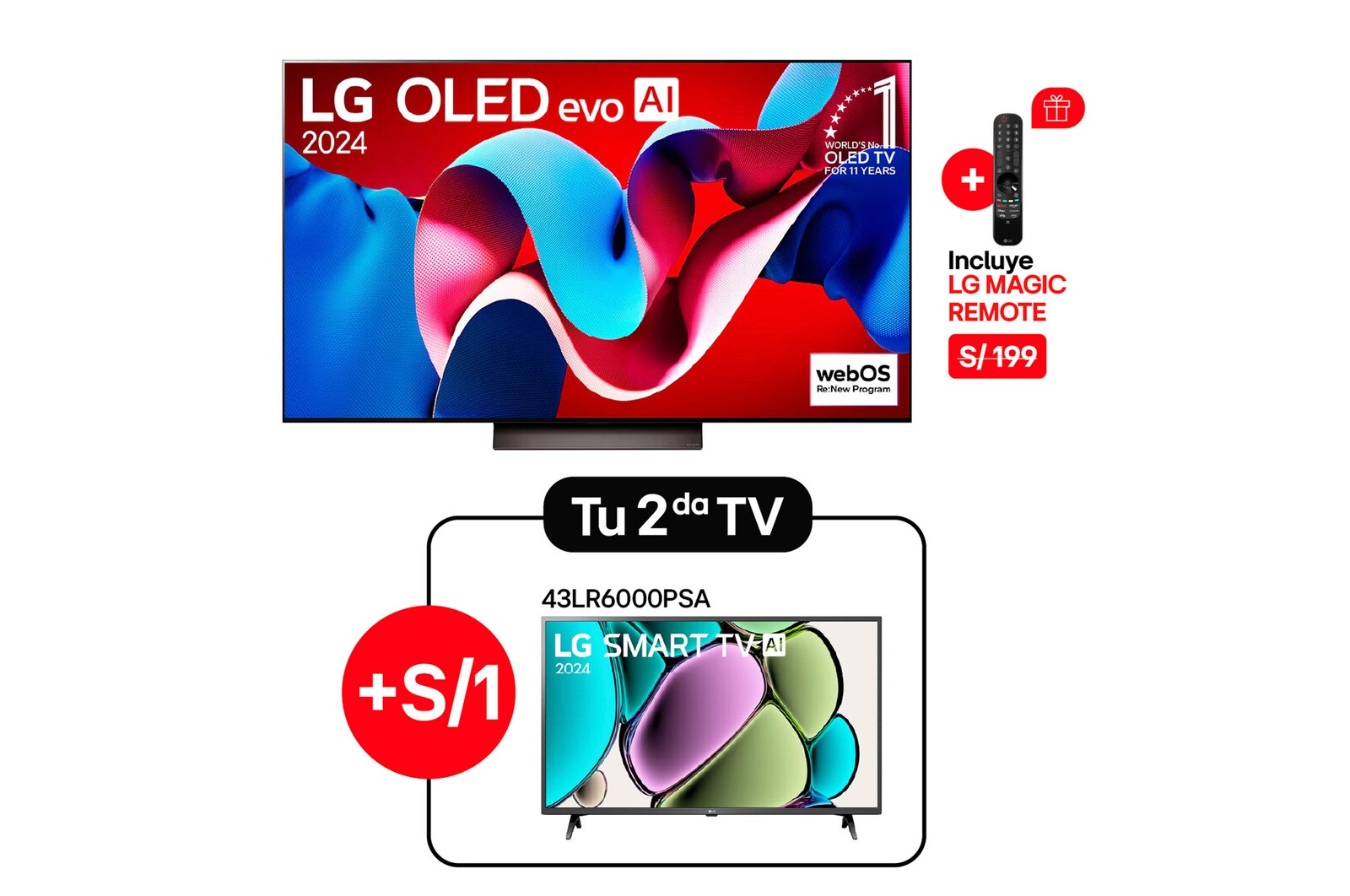 Front view with LG OLED evo TV, OLED C4, 11 Years of world number 1 OLED Emblem logo and webOS Re:New Program logo on screen, as well as the Soundbar below,  Vista frontal de LG FHD TV, LR60 con texto de LG SMART TV AI y 2024 en pantalla con soporte de 2 polos