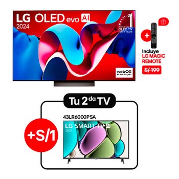 Front view with LG OLED evo TV, OLED C4, 11 Years of world number 1 OLED Emblem logo and webOS Re:New Program logo on screen, as well as the Soundbar below,  Vista frontal de LG FHD TV, LR60 con texto de LG SMART TV AI y 2024 en pantalla con soporte de 2 polos